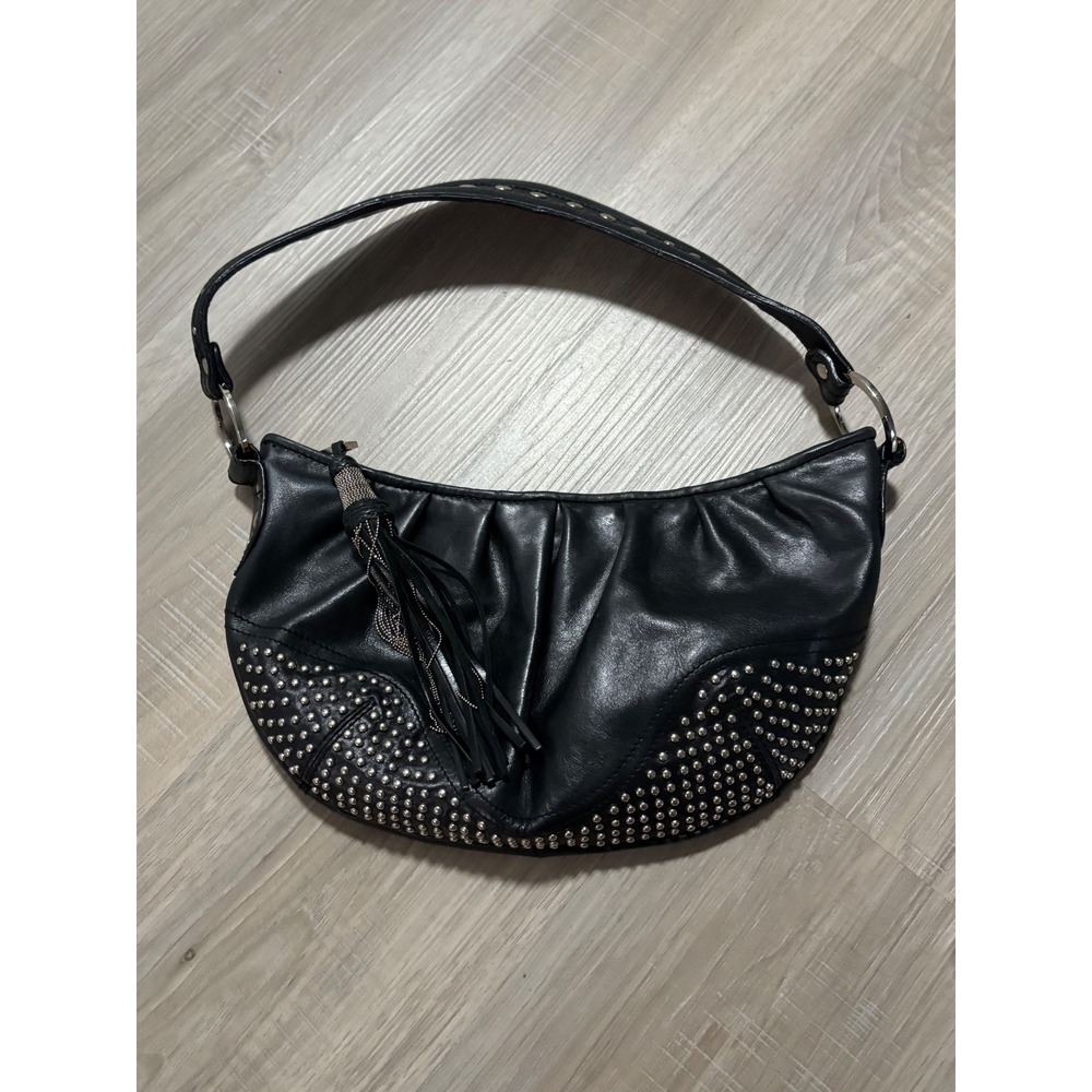 Kate Landry Black Genuine Leather Studded Tassel Hobo Shoulder Bag